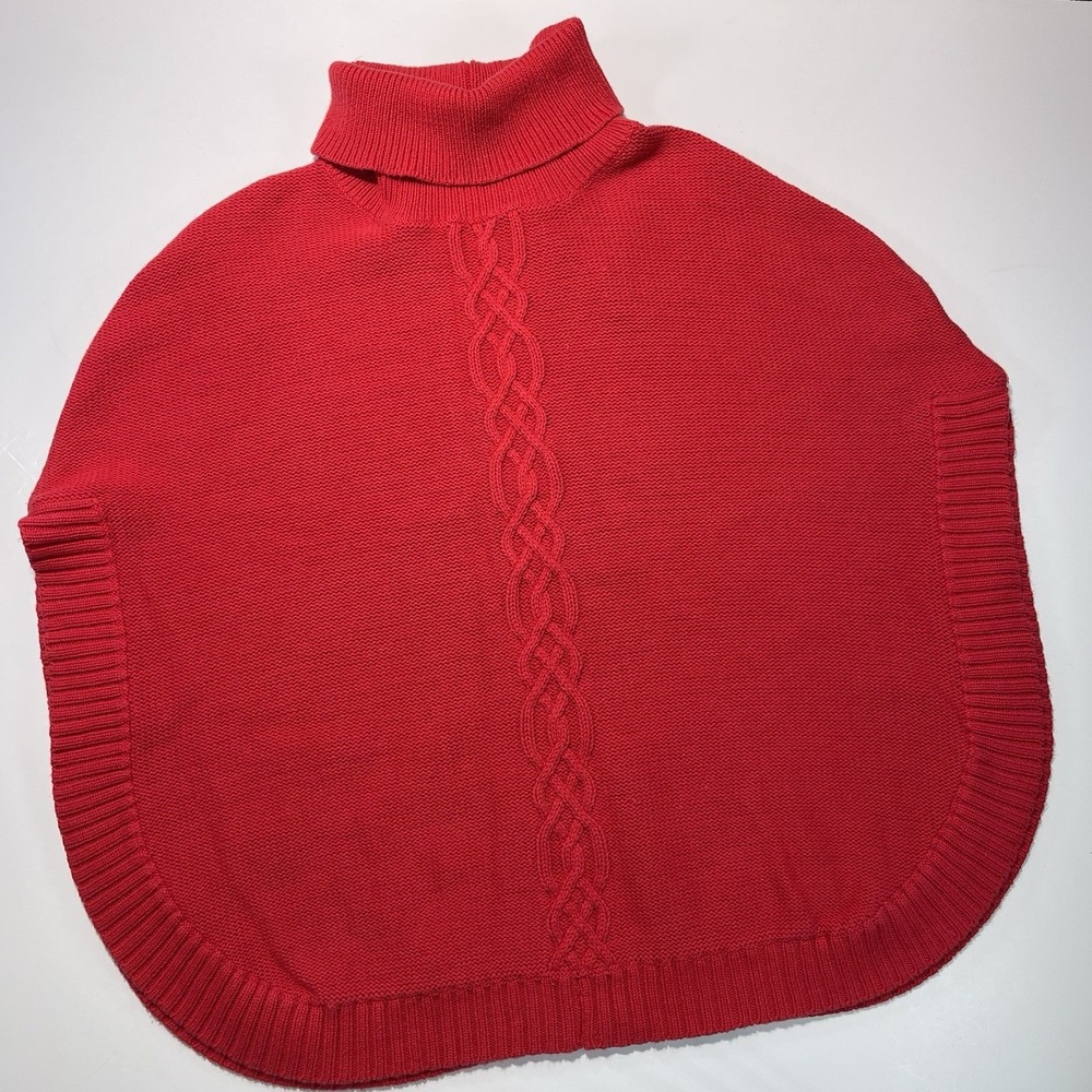 Women's Red‎ Knit Sweater Poncho With Turtleneck 100% Cotton Size Medium